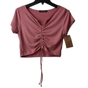 Vertiche Crop Top Womens Large Mauve Pink Drawstring Ruched Front Shirt NEW
